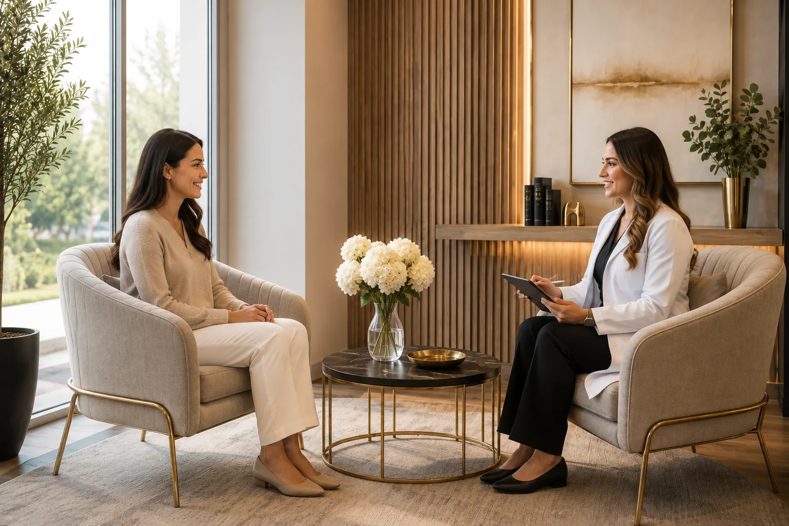 Two people seated in armchairs in conversation in a light-filled consulting room