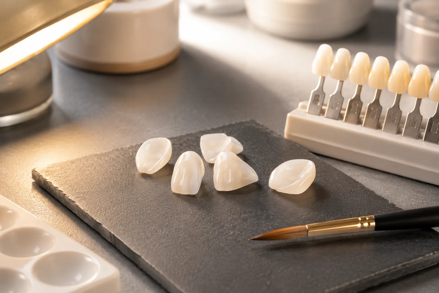 Porcelain veneer shells and a shade guide on a workbench, beside a fine brush