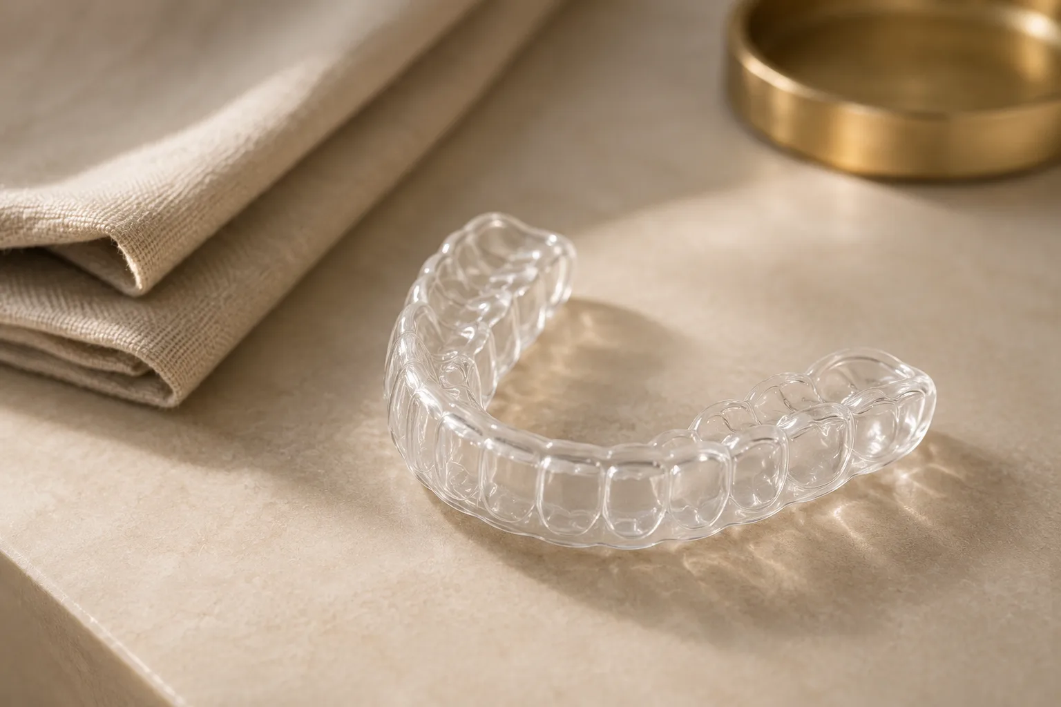 A clear custom night guard resting on a stone surface beside folded linen